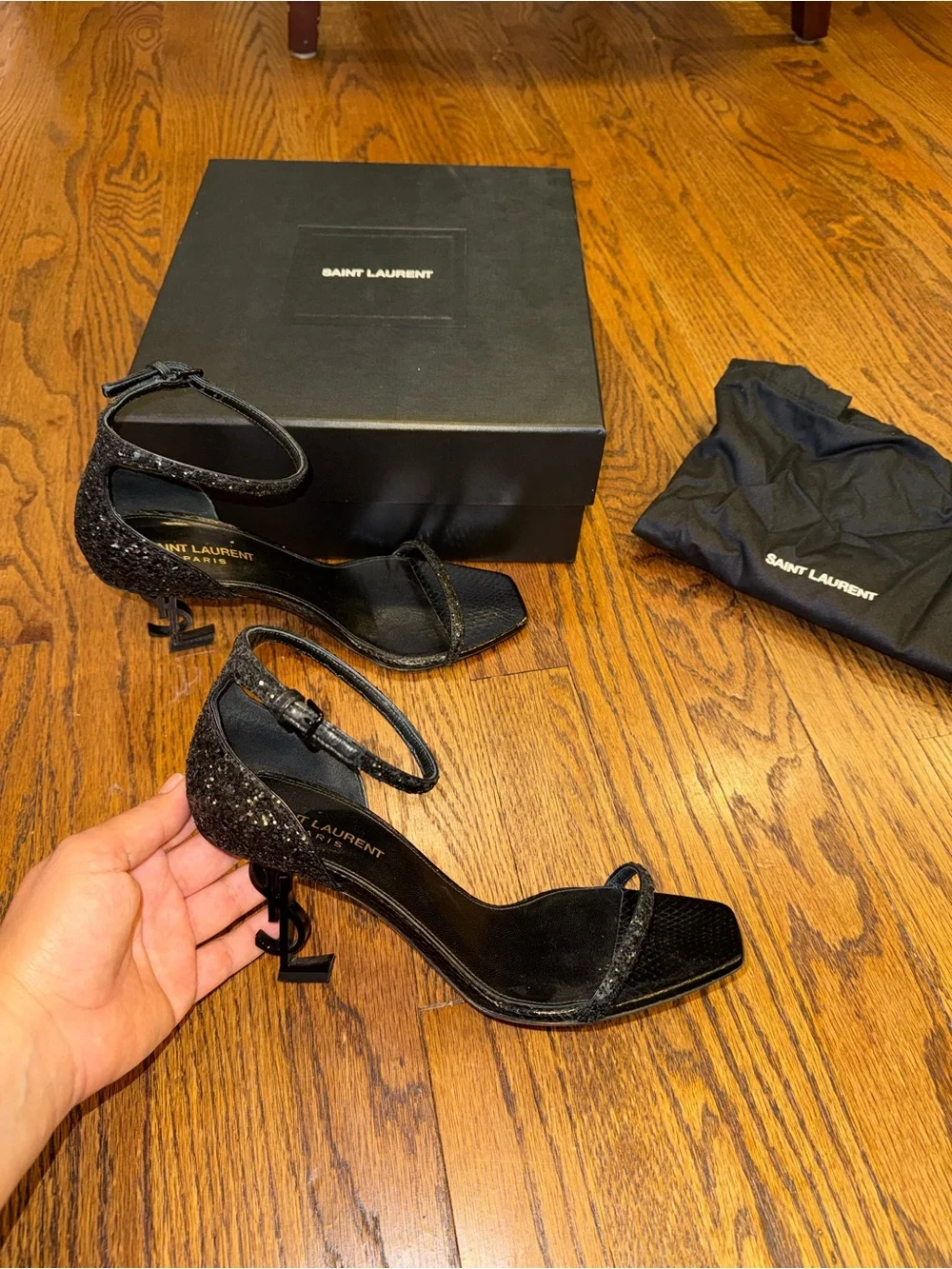 Size 38.5 Saint Laurent Opyum (YSL) Black Glitter Strappy Heeled Sandals